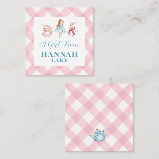 Tea Party Roze Gingham Meisjes Gift Informatiekaartje (Voorkant / Achterkant)