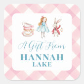 Tea Party Roze Gingham Meisjes Gift Vierkante Sticker (Voorkant)