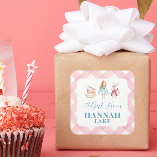 Tea Party Roze Gingham Meisjes Gift Vierkante Sticker (Feest)