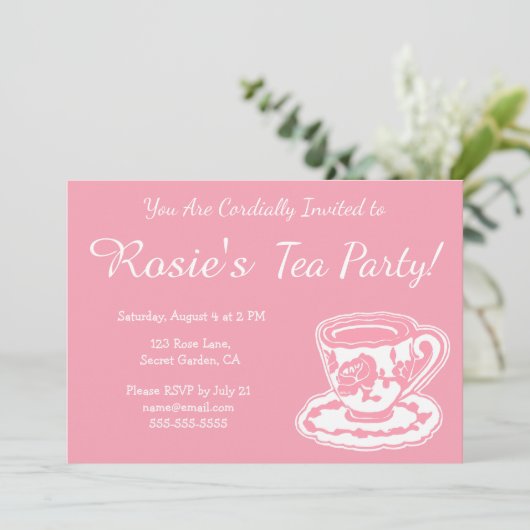 Tea Party roze Rose Teacup Custom Invitations Kaart (Staand voorkant)