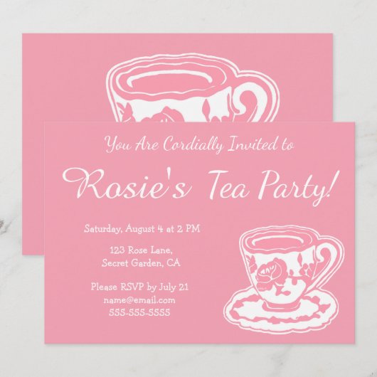 Tea Party roze Rose Teacup Custom Invitations Kaart (Voorkant / Achterkant)