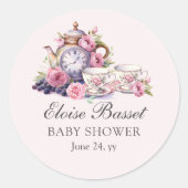  Tea Party Roze Rozen Baby shower Ronde Sticker (Voorkant)