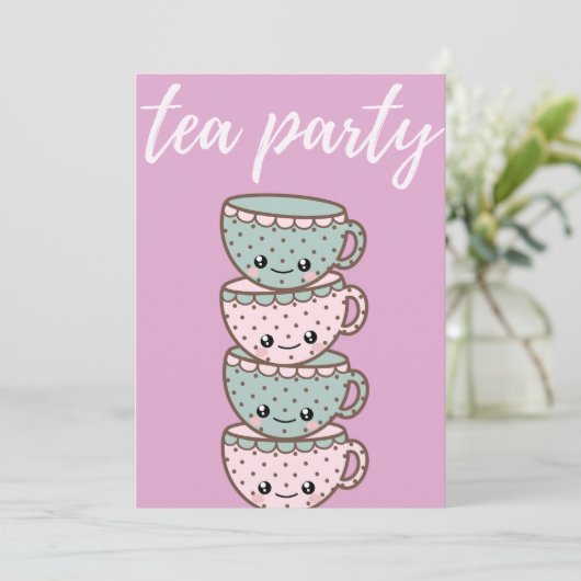 Tea Party roze Teacups Invitation Kaart (Staand voorkant)