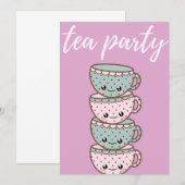 Tea Party roze Teacups Invitation Kaart (Voorkant / Achterkant)