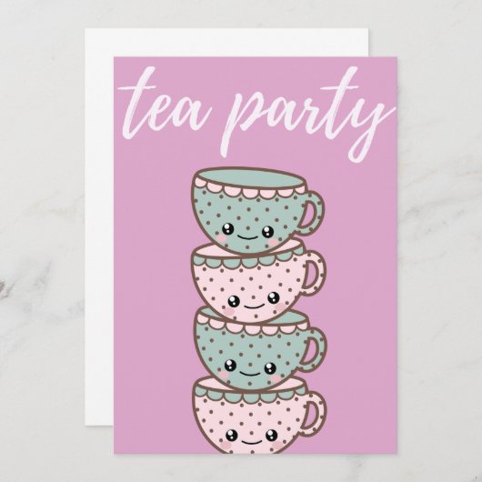 Tea Party roze Teacups Invitation Kaart (Voorkant / Achterkant)
