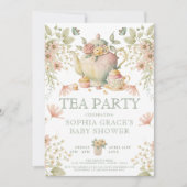 Tea Party Sage Green & Roze Floral Baby shower Kaart (Voorkant)