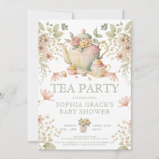 Tea Party Sage Green & Roze Floral Baby shower Kaart (Voorkant)