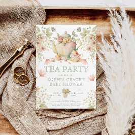 Tea Party Sage Green & Roze Floral Baby shower Kaart