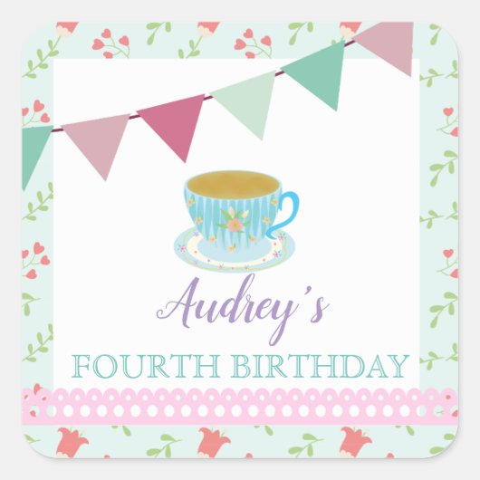  Tea Party Shabby Chic Girls Birthday Vierkante Sticker (Voorkant)