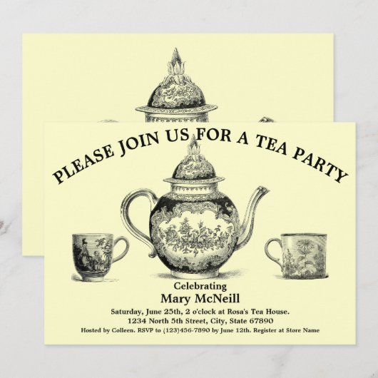 Tea Party Sjabloon Uitnodiging (Voorkant / Achterkant)