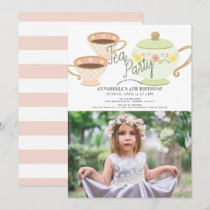 Tea Party Tea Pot & Cups Girl Birthday Foto Kaart