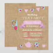 Tea Party Teapot Alice in Wonderland Burlap nodigt Kaart (Voorkant / Achterkant)