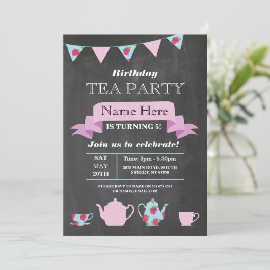 Tea Party Teapot Alice in Wonderland Chalk Invite Kaart (Staand voorkant)