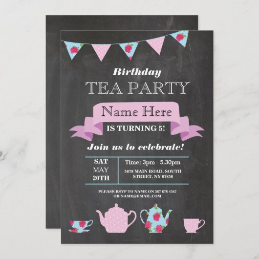 Tea Party Teapot Alice in Wonderland Chalk Invite Kaart (Voorkant / Achterkant)