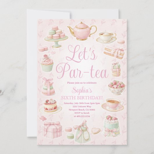 Tea Party Teapot Teacup Pink Party Invitation Kaart (Voorkant)