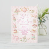 Tea Party Teapot Teacup Pink Party Invitation Kaart (Staand voorkant)