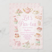 Tea Party Teapot Teacup Pink Party Invitation Kaart (Voorkant / Achterkant)