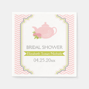 Tea party theepot, chevron roze, groene bruiloft servet