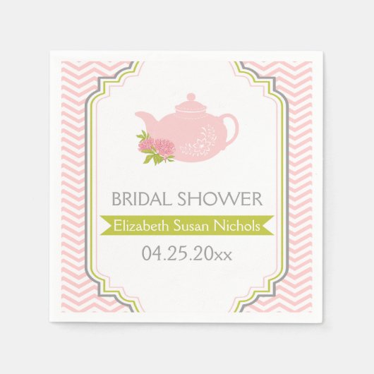 Tea party theepot, chevron roze, groene bruiloft servet (Voorkant)