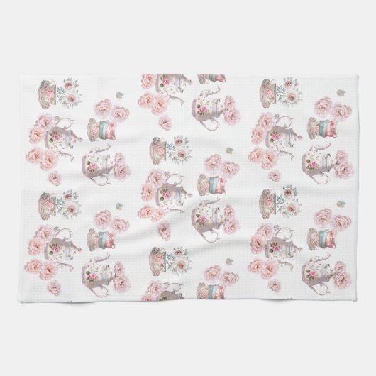 Tea Party theepot theekopjes roze rozenbloem Theedoek (Horizontaal)