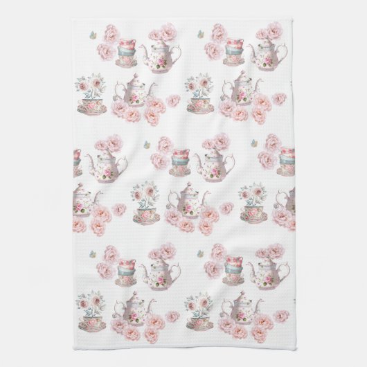 Tea Party theepot theekopjes roze rozenbloem Theedoek (Verticaal)