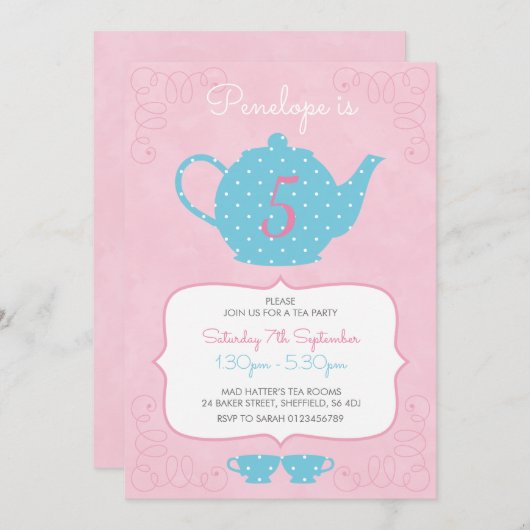 Tea Party thema verjaardagsfeestje uitnodiging (Voorkant / Achterkant)