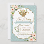 Tea Party Turquoise Blue Blush Floral Baby shower Kaart (Voorkant)