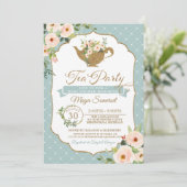 Tea Party Turquoise Blue Blush Floral Baby shower Kaart (Staand voorkant)