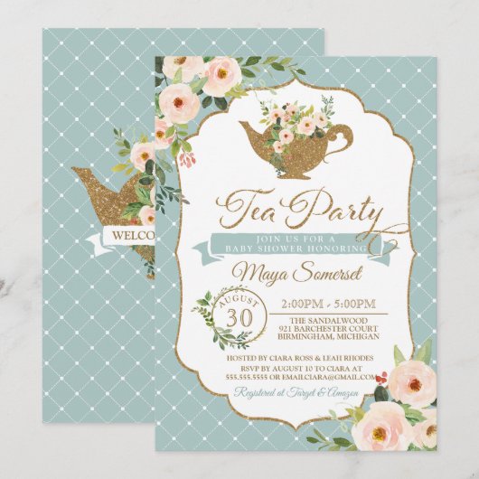 Tea Party Turquoise Blue Blush Floral Baby shower Kaart (Voorkant / Achterkant)