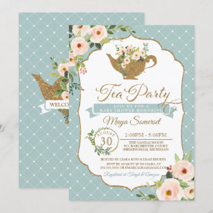 Tea Party Turquoise Blue Blush Floral Baby shower Kaart