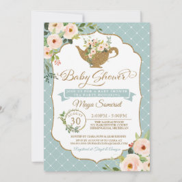 Tea Party Turquoise Blue Blush Floral Baby shower Kaart