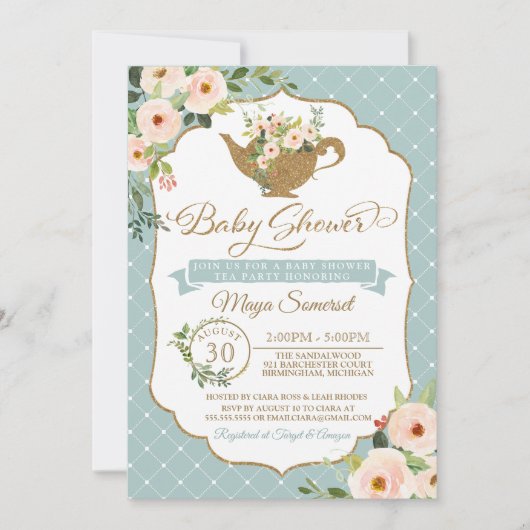 Tea Party Turquoise Blue Blush Floral Baby shower Kaart (Voorkant)