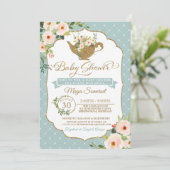 Tea Party Turquoise Blue Blush Floral Baby shower Kaart (Staand voorkant)