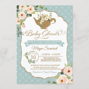 Tea Party Turquoise Blue Blush Floral Baby shower Kaart