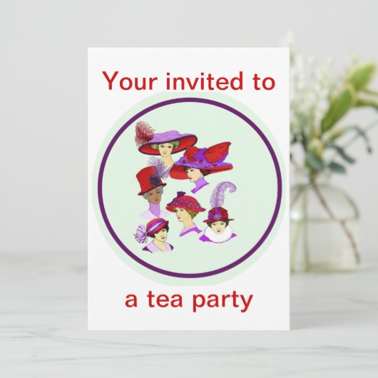 Tea Party-uitnodiging, dames met rode petten Kaart (Staand voorkant)