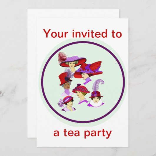 Tea Party-uitnodiging, dames met rode petten Kaart (Voorkant / Achterkant)