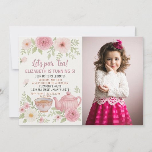 Tea Party Uitnodiging met Bloemen en Teacup Design (Voorkant)
