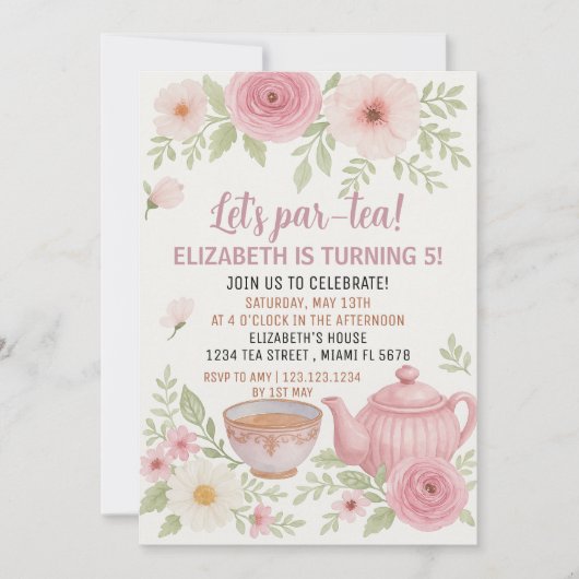 Tea Party Uitnodiging met Bloemen en Teacup Design (Voorkant)
