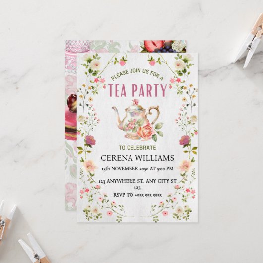  Tea Party Uitnodiging met Floral Lijst (Voorkant / Achterkant in situ)