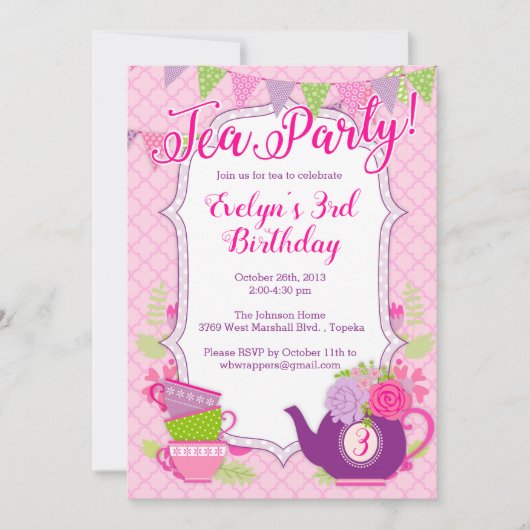 Tea Party Uitnodiging of Tea Party Uitnodiging voo (Voorkant)