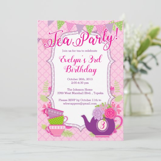 Tea Party Uitnodiging of Tea Party Uitnodiging voo (Staand voorkant)