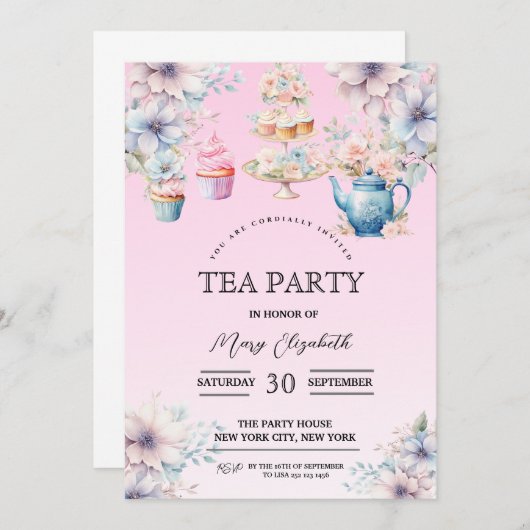 Tea Party uitnodiging, uitnodiging voor verjaardag (Voorkant / Achterkant)