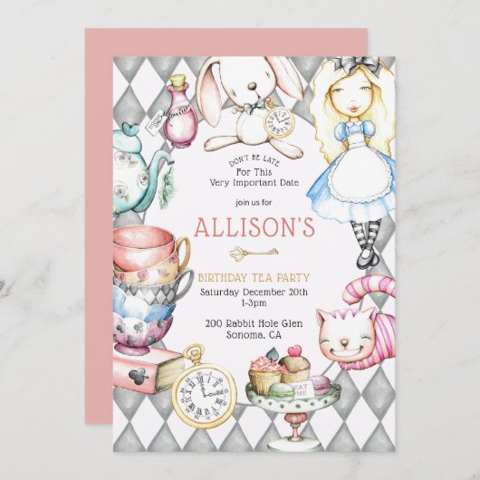 Tea Party Uitnodiging voor de verjaardag van het m (Voorkant / Achterkant)
