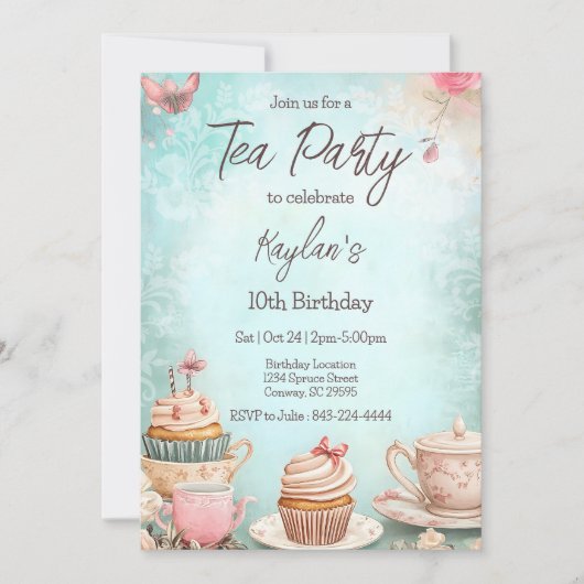 Tea party uitnodiging voor verjaardag (Voorkant)