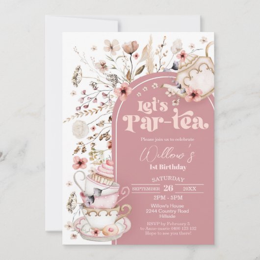 Tea Party uitnodiging Wildflower Laten we partea (Voorkant)