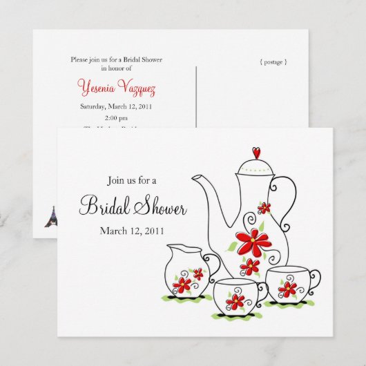 Tea Party, Uitnodigingen voor Kaarten, Rode Bloeme (Voorkant / Achterkant)