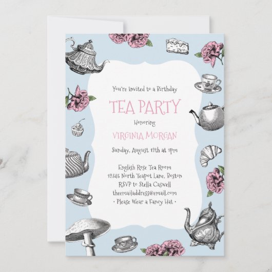  Tea Party Verjaardag Baby Blue Stripes Kaart (Voorkant)