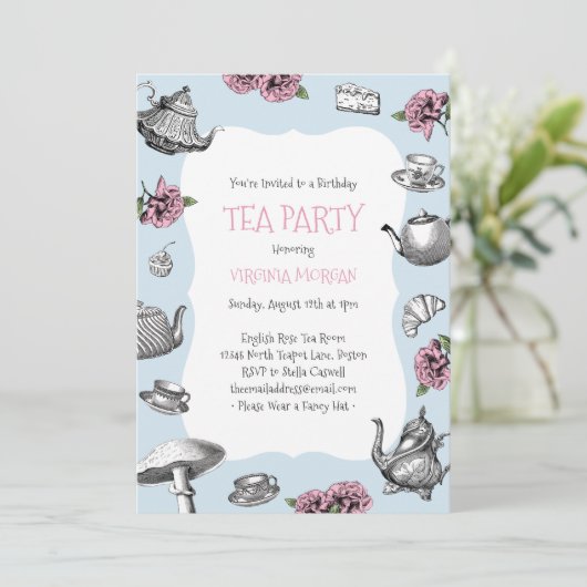  Tea Party Verjaardag Baby Blue Stripes Kaart (Staand voorkant)