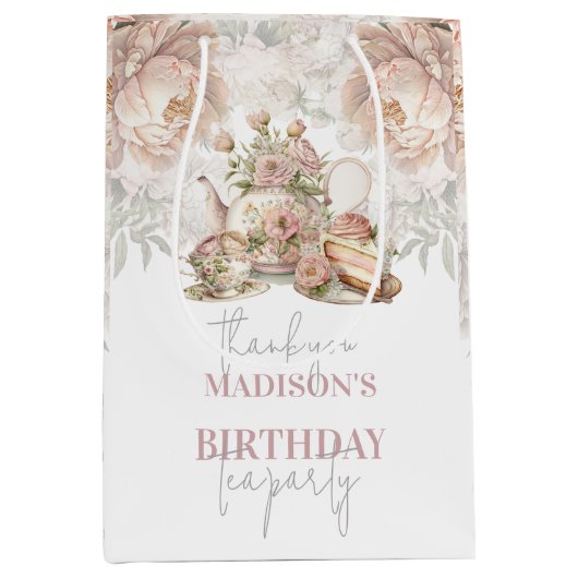 Tea Party Verjaardag Floral gepersonaliseerd Medium Cadeauzakje (Voorkant)