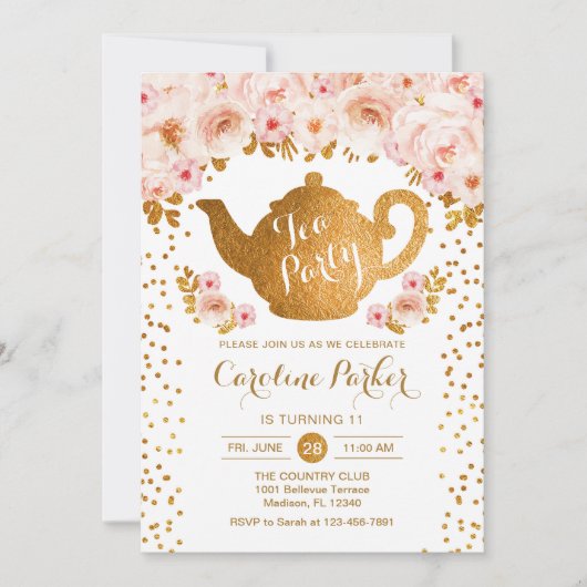 Tea Party Verjaardag - Goud Wit Kaart (Voorkant)